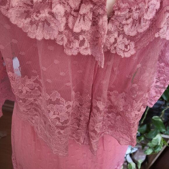 Blush Pink Lace Victorian Bridgeton Cottagcore Vtg Dress Lace Collared Dress - Picture 6 of 13